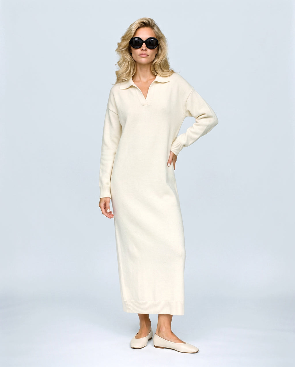 Elodie Polo-Collar Knit Dress in Off-white, front view on a non-pregnant model