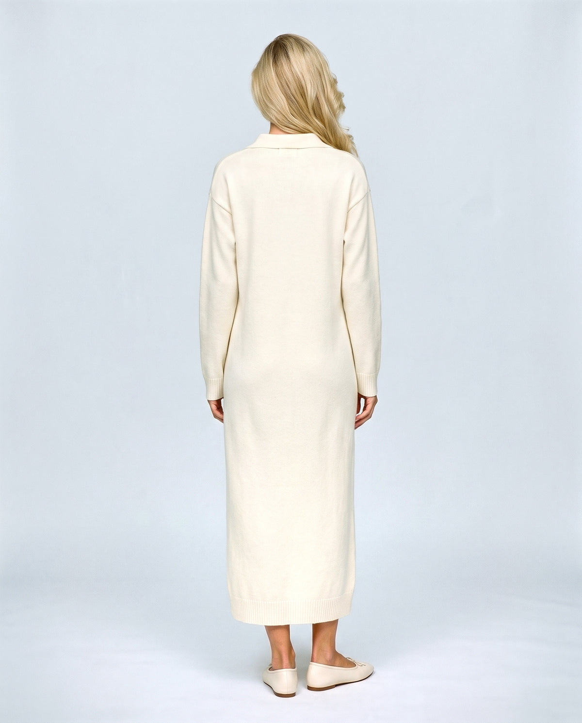 Elodie Polo-Collar Knit Dress in Off-white, back view on a non-pregnant model