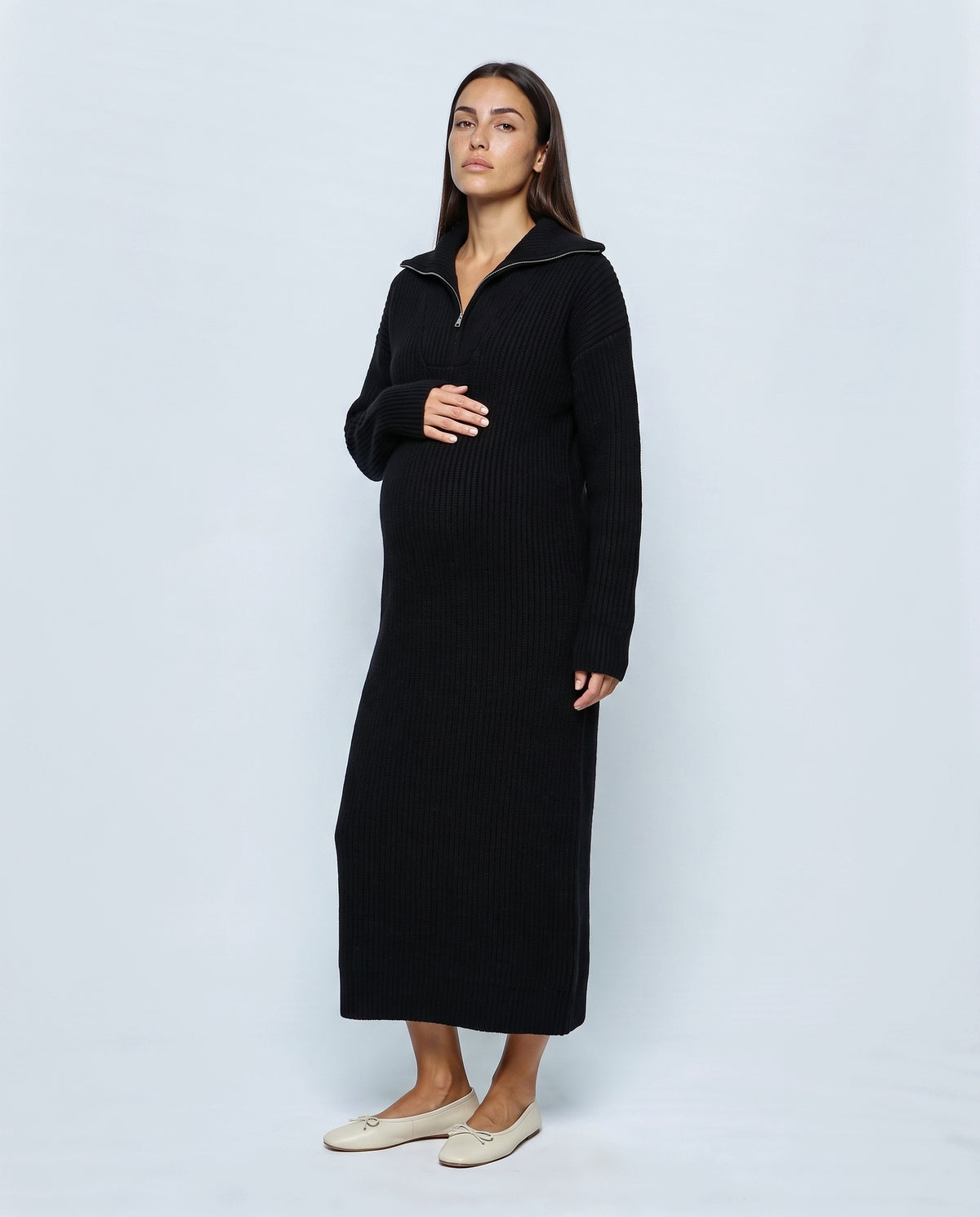 Gabrielle Zip-Neck Knit Dress in Black, front view