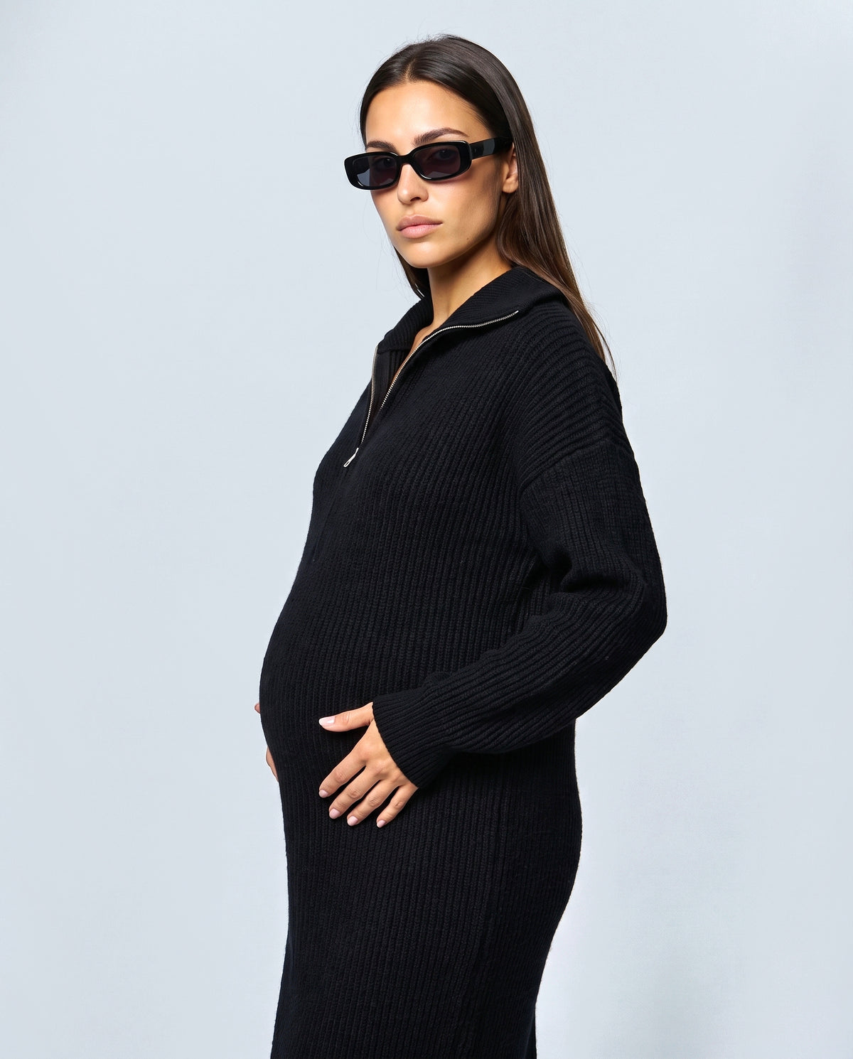 Gabrielle Zip-Neck Knit Dress in Black, side view