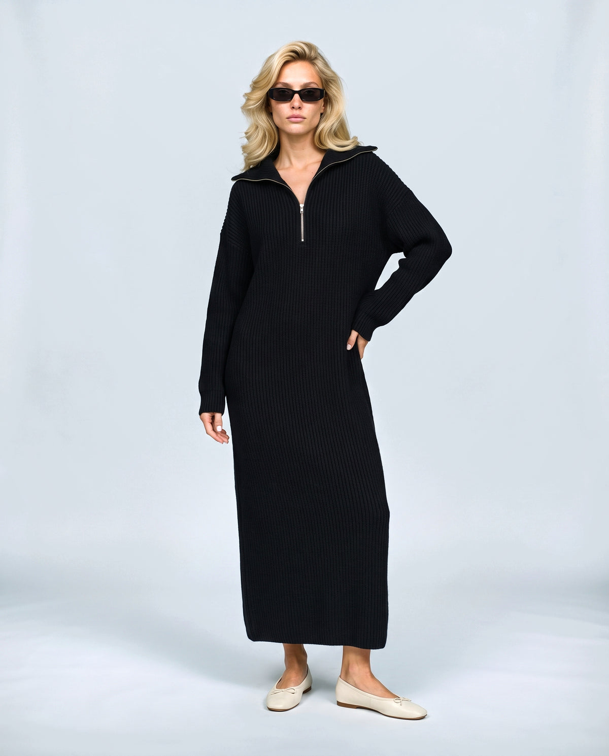 Gabrielle Zip-Neck Knit Dress in Black, front view on a non-pregnant model