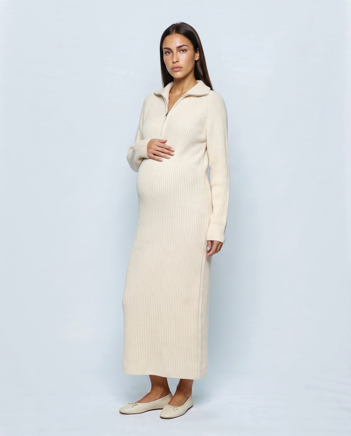 Gabrielle Zip-Neck Knit Dress in Cream, front view