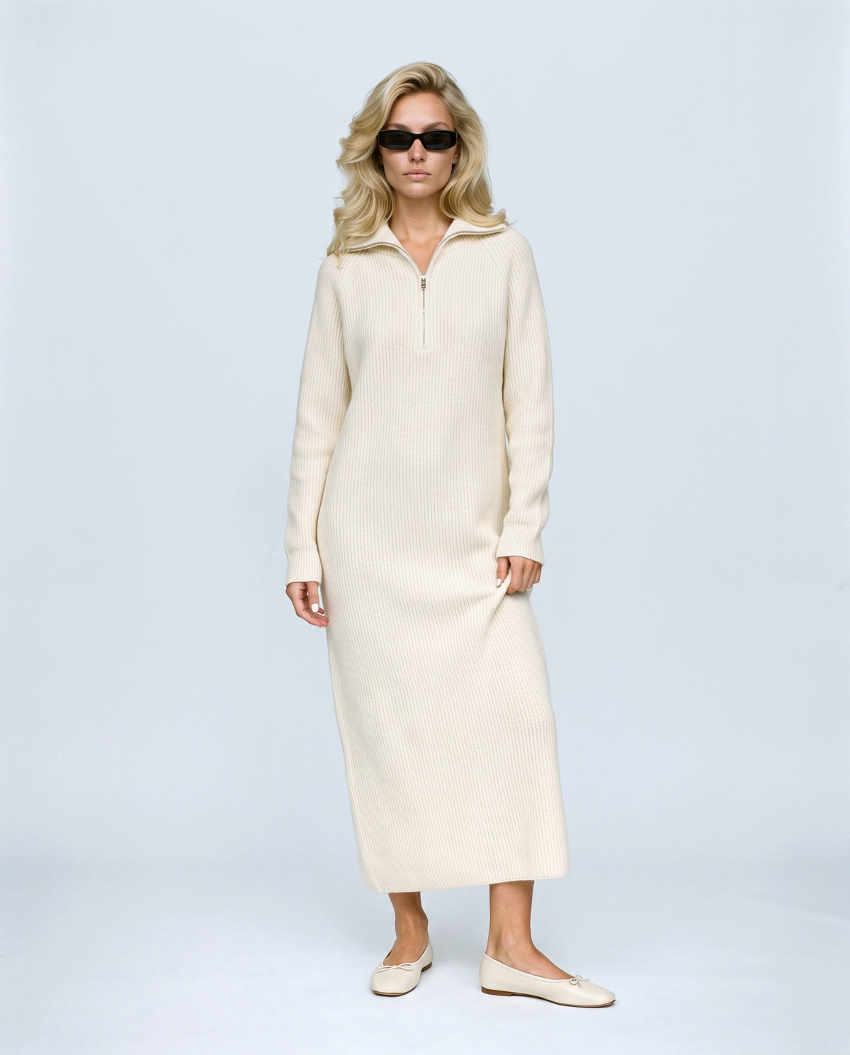 Gabrielle Zip-Neck Knit Dress in Cream, front view on a non-pregnant model