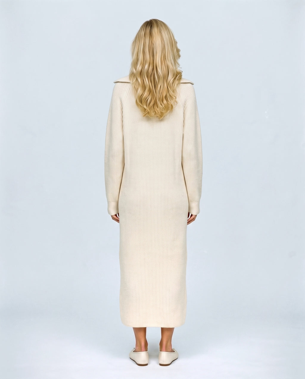 Gabrielle Zip-Neck Knit Dress in Cream, back view on a non-pregnant model