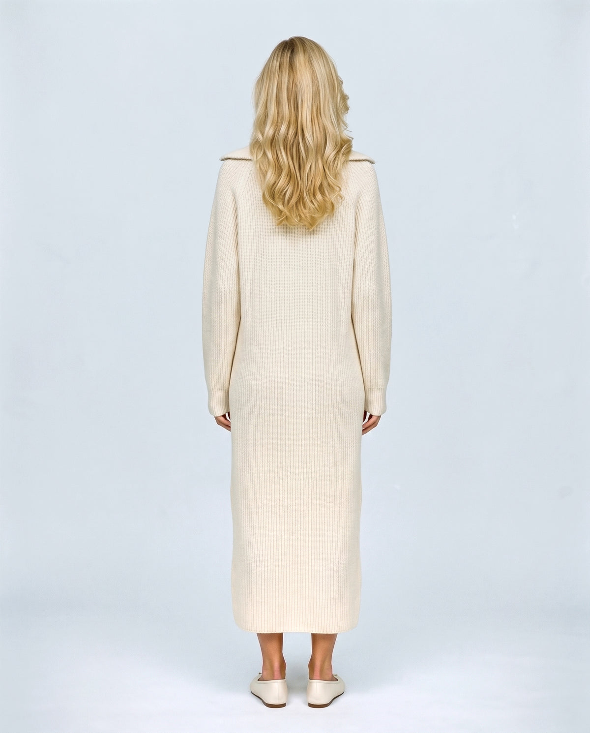 Gabrielle Zip-Neck Knit Dress in Cream, back view on a non-pregnant model