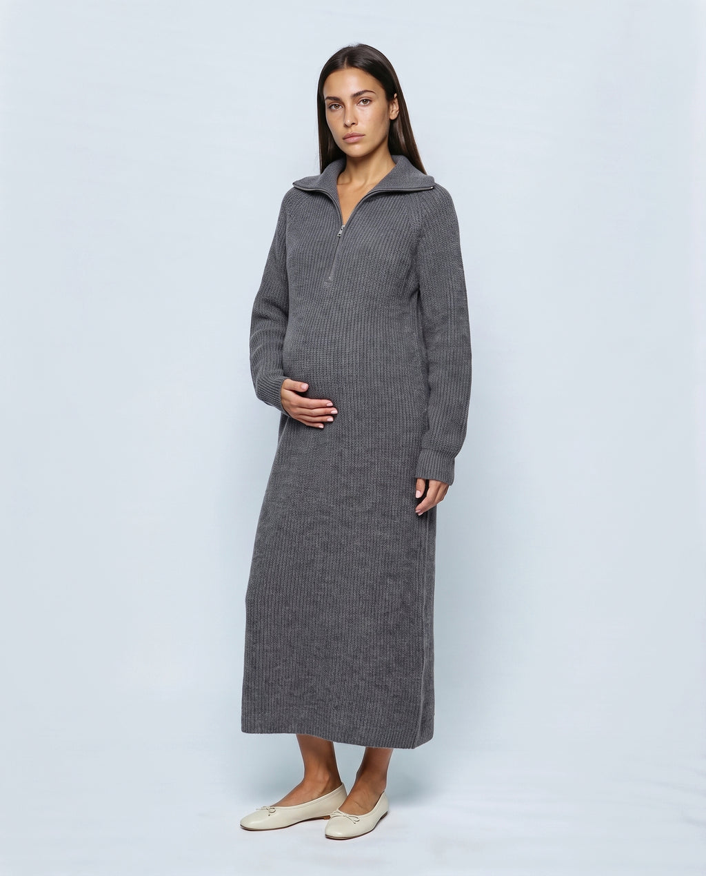 Gabrielle Zip-Neck Knit Dress in Grey, front view