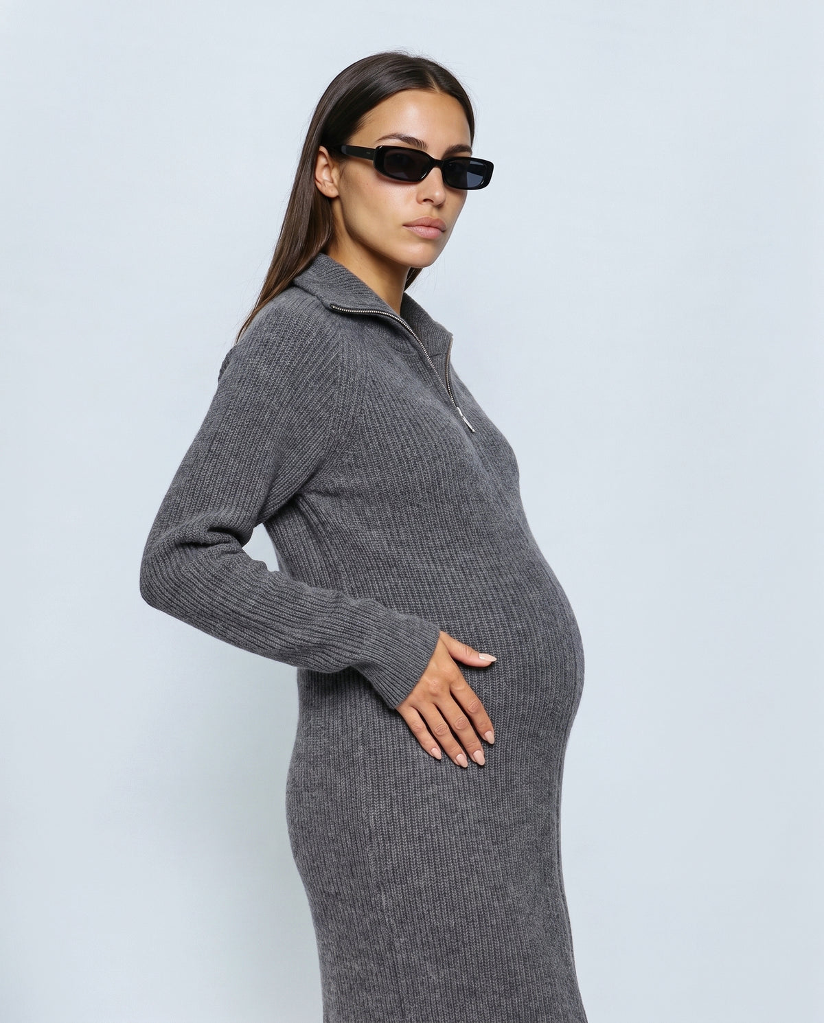 Gabrielle Zip-Neck Knit Dress in Grey, side close-up