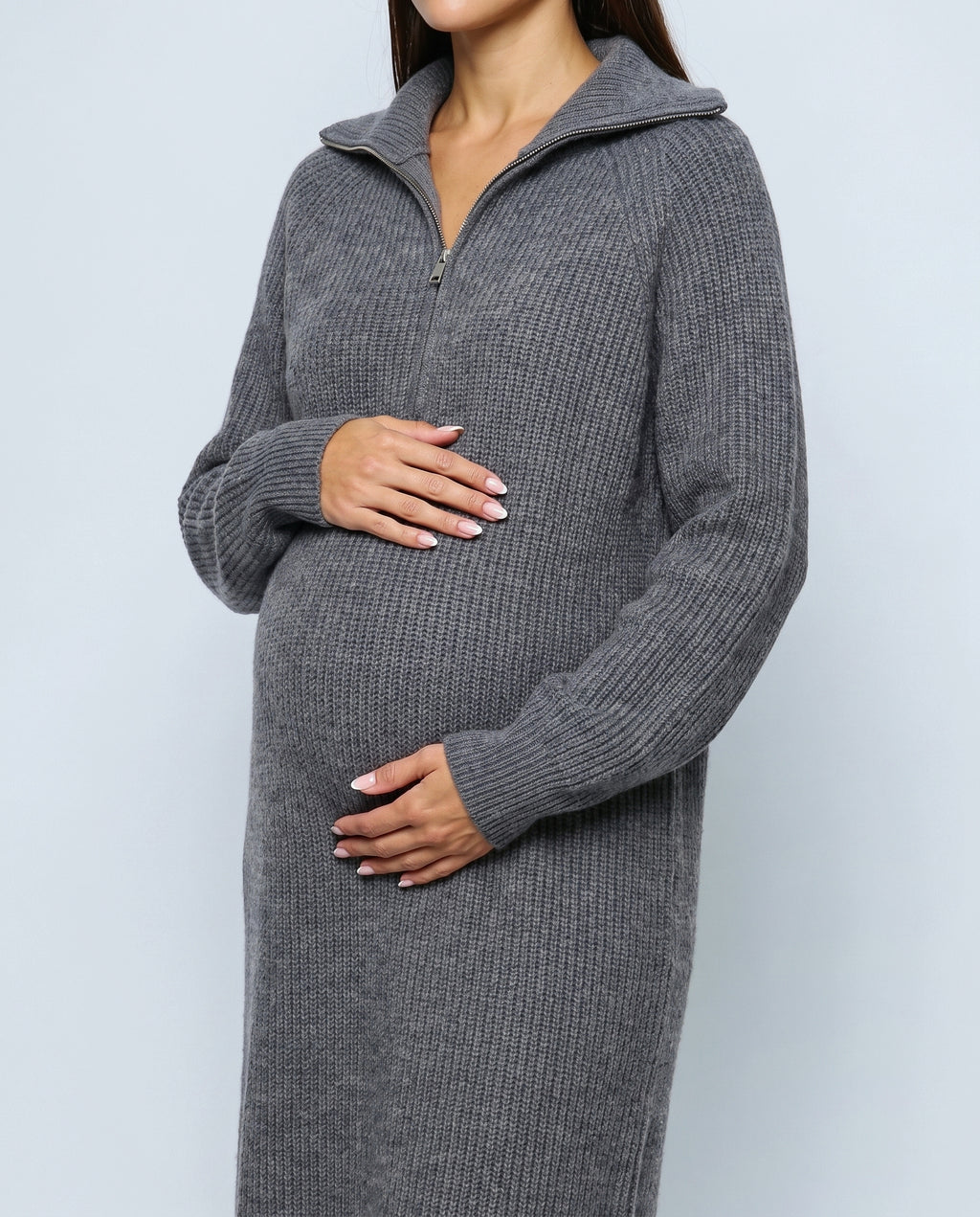 Gabrielle Zip-Neck Knit Dress in Grey, fabric detail