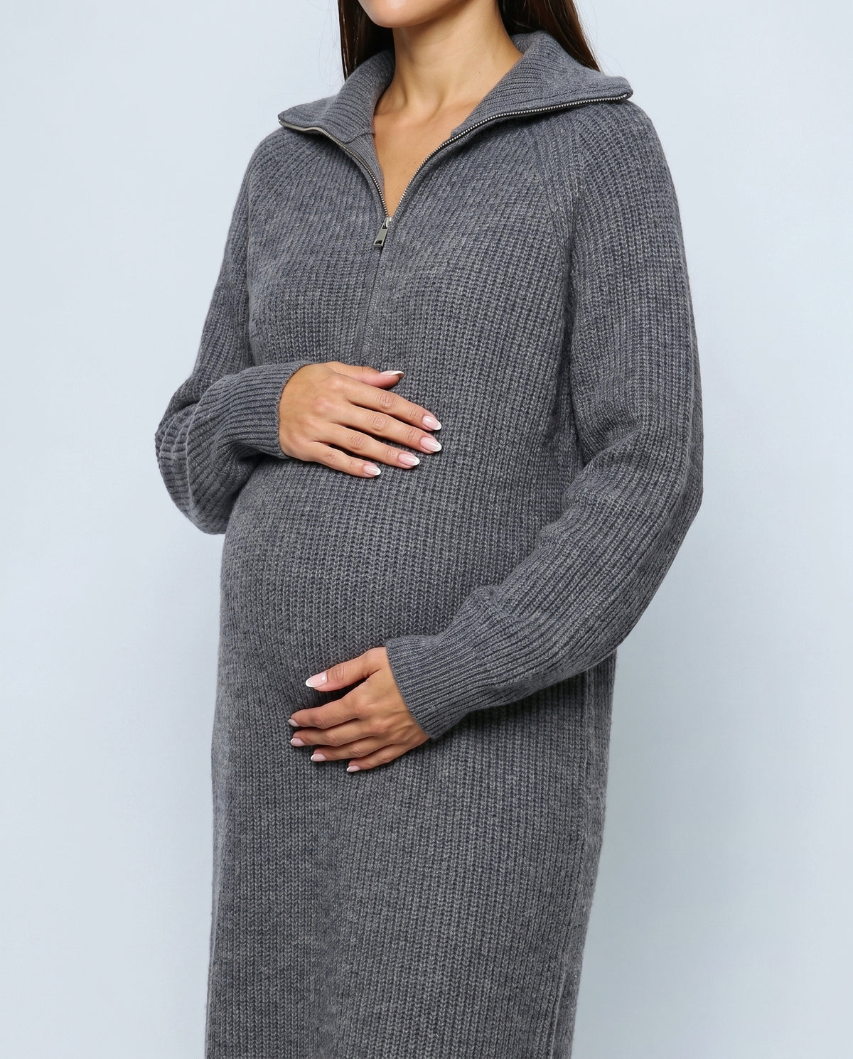 Gabrielle Zip-Neck Knit Dress in Grey, fabric detail
