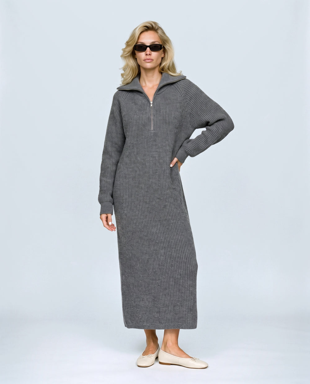 Gabrielle Zip-Neck Knit Dress in Grey, front view on a non-pregnant model