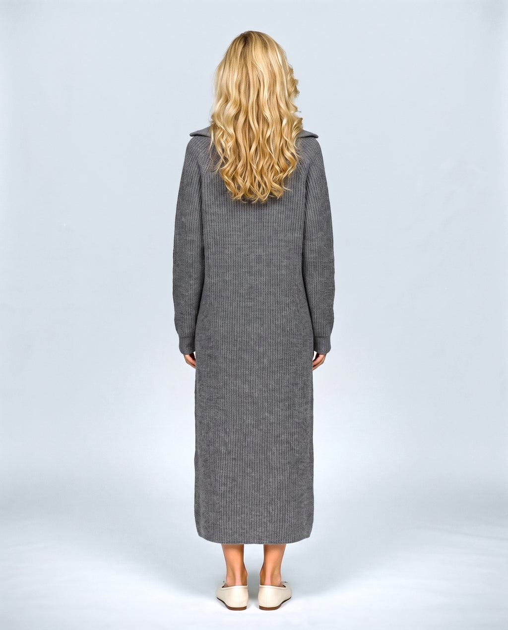 Gabrielle Zip-Neck Knit Dress in Grey, back view on a non-pregnant model