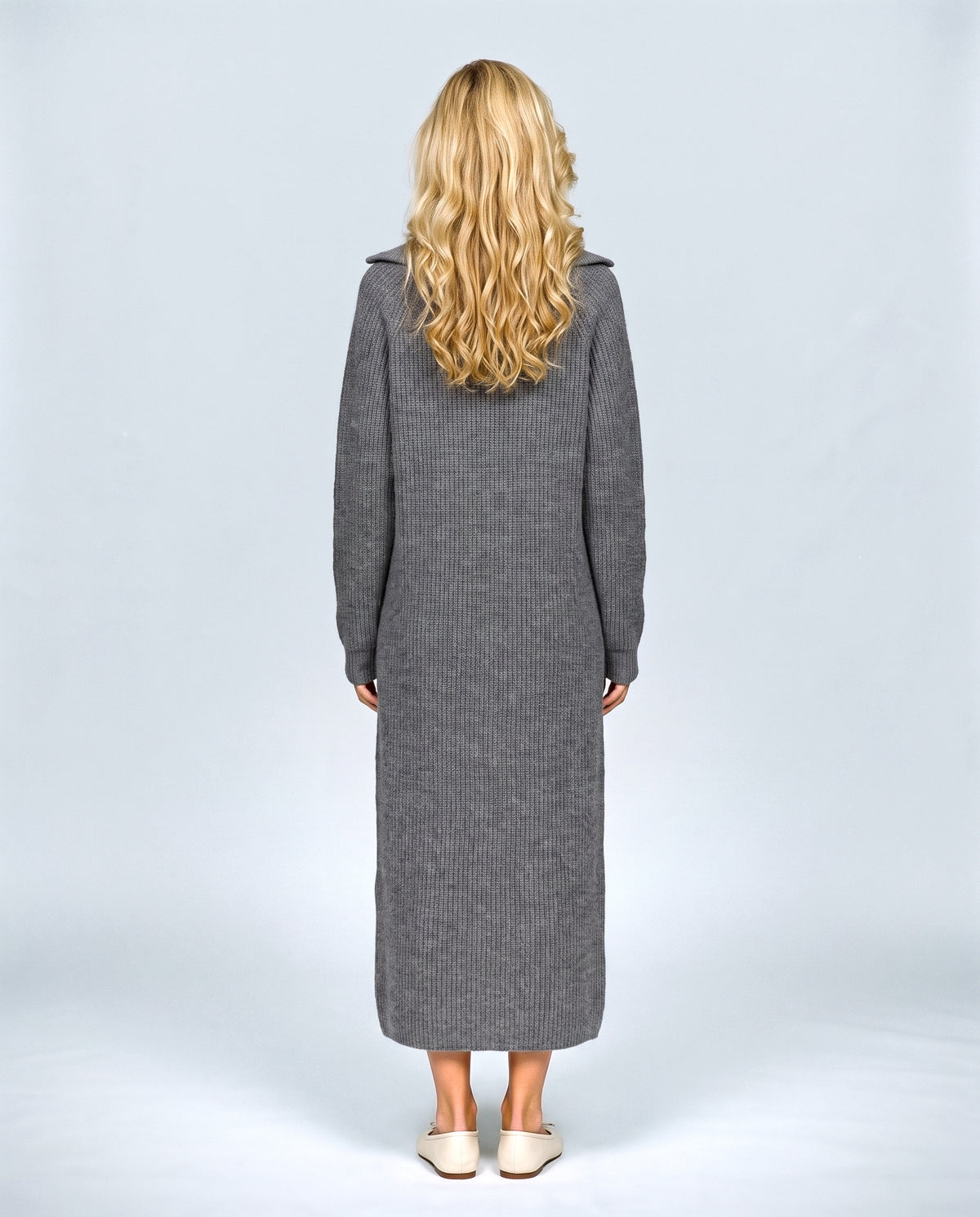 Gabrielle Zip-Neck Knit Dress in Grey, back view on a non-pregnant model