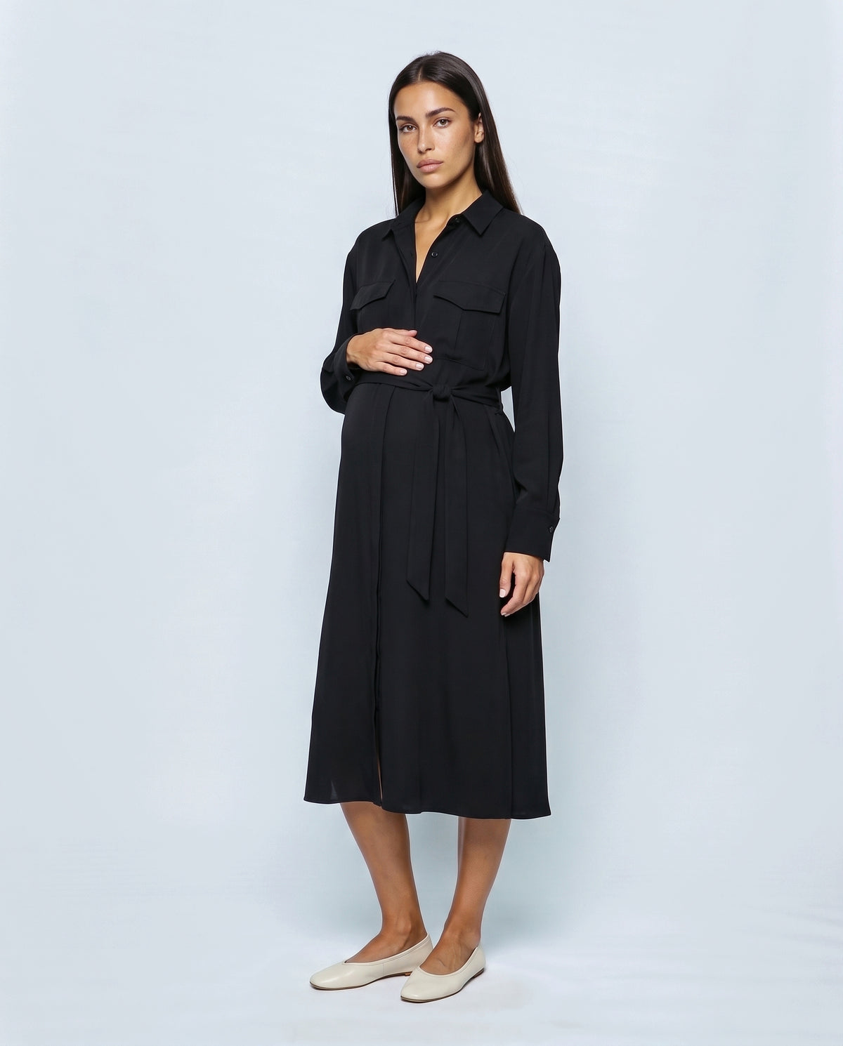 The Belted Utility Shirt Dress in Black, front view