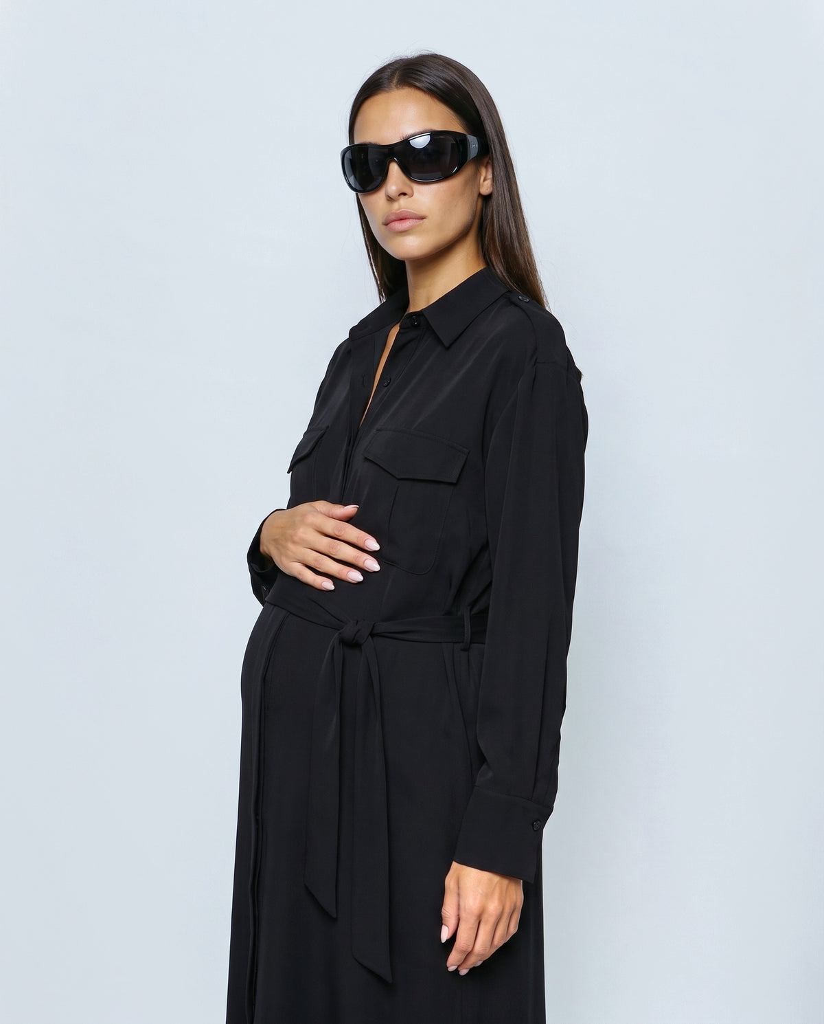 The Belted Utility Shirt Dress in Black, side view