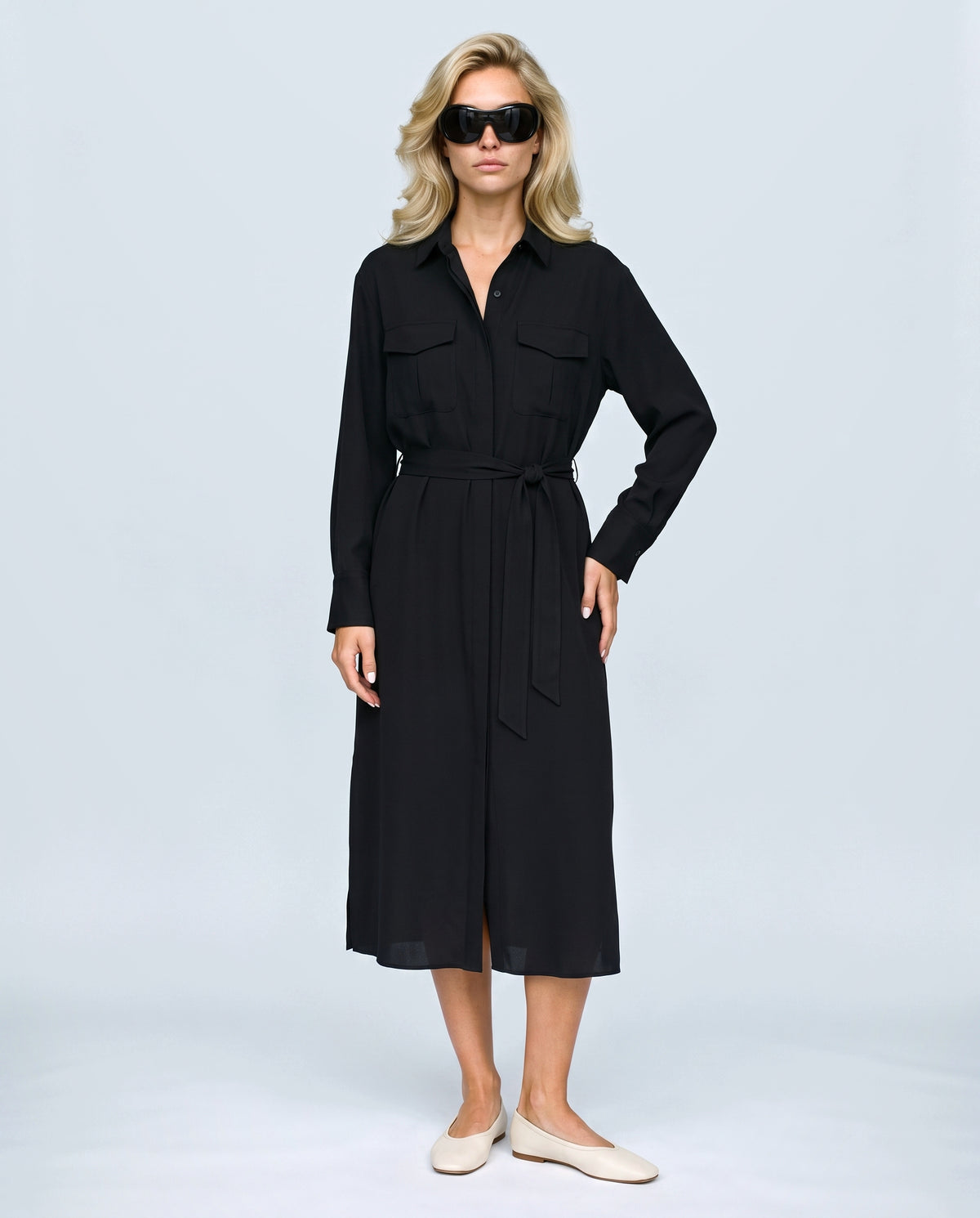 The Belted Utility Shirt Dress in Black, front view on a non-pregnant model