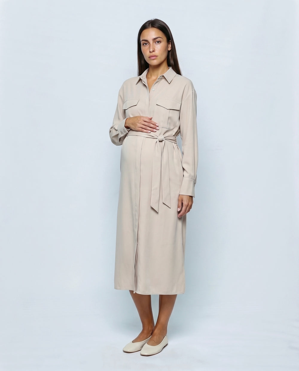 The Belted Utility Shirt Dress in Milk beige, front view