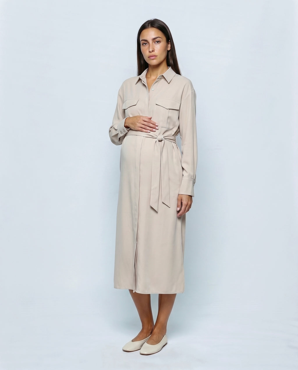 The Belted Utility Shirt Dress in Milk beige, front view