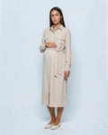 The Belted Utility Shirt Dress in Milk beige, front view