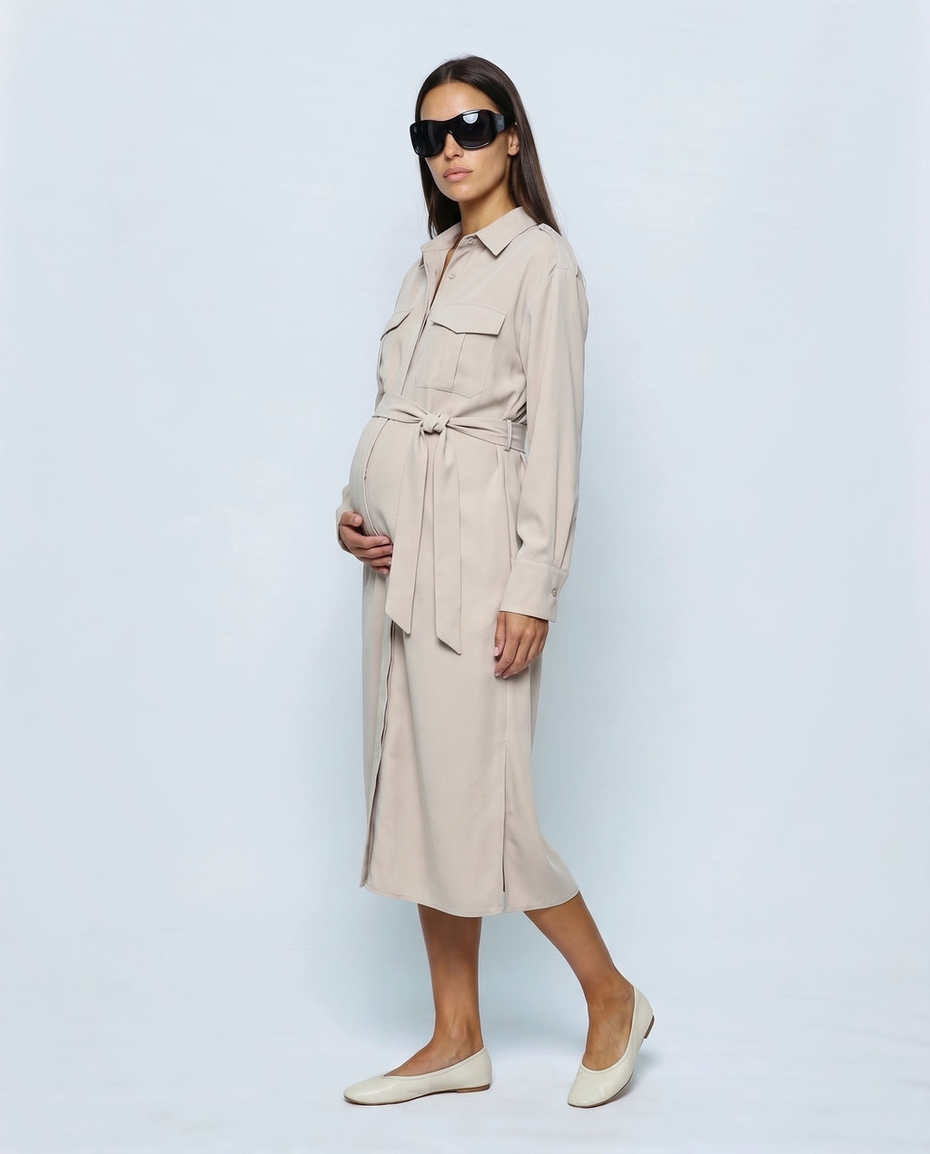 The Belted Utility Shirt Dress in Milk beige, side view