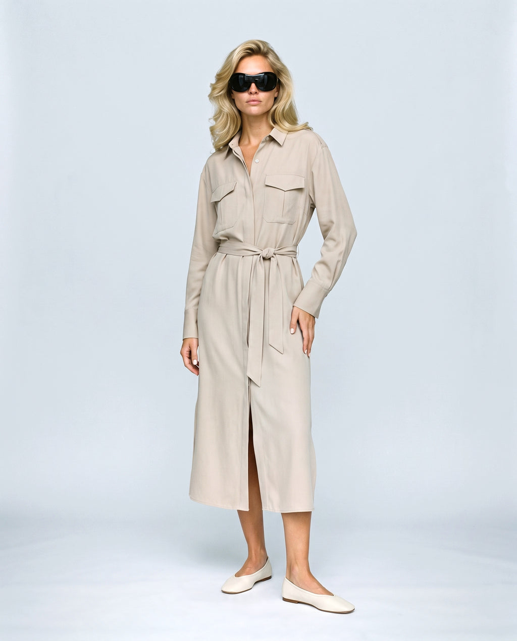 The Belted Utility Shirt Dress in Milk beige, front view on a non-pregnant model
