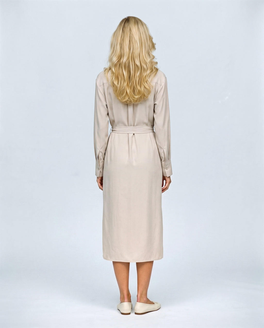 The Belted Utility Shirt Dress in Milk beige, back view on a non-pregnant model