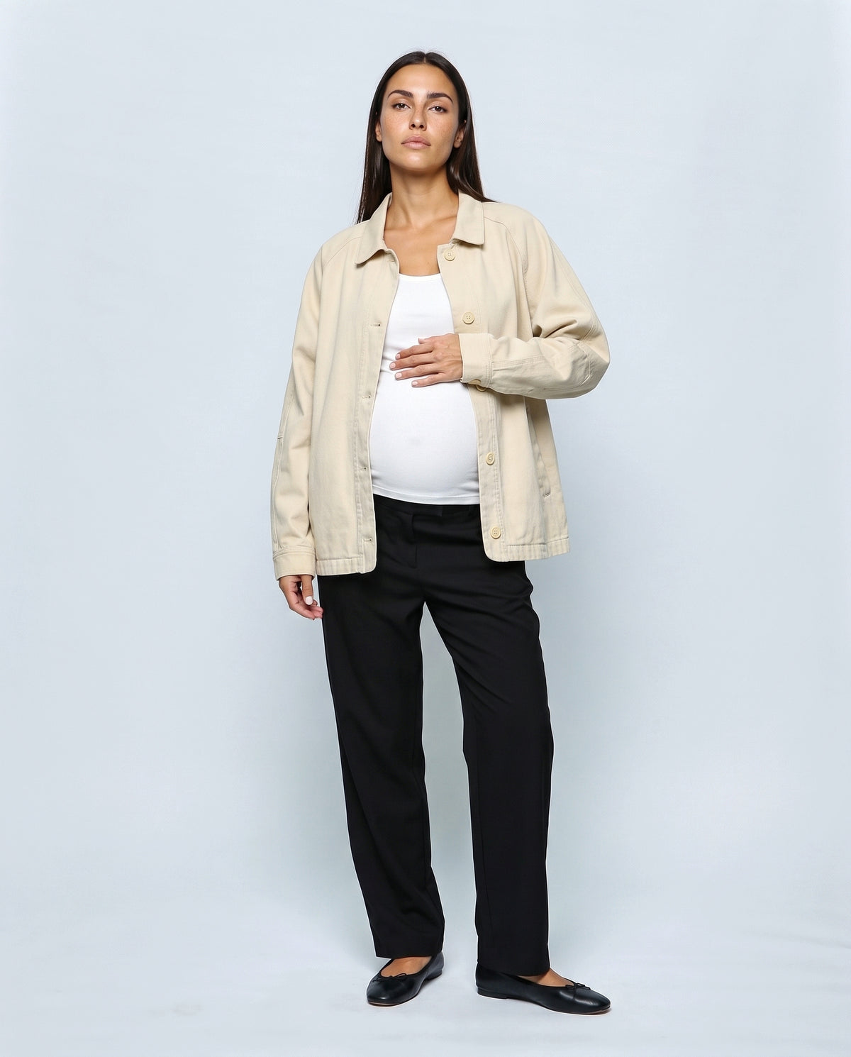 The Relaxed Utility Jacket in Beige, front view