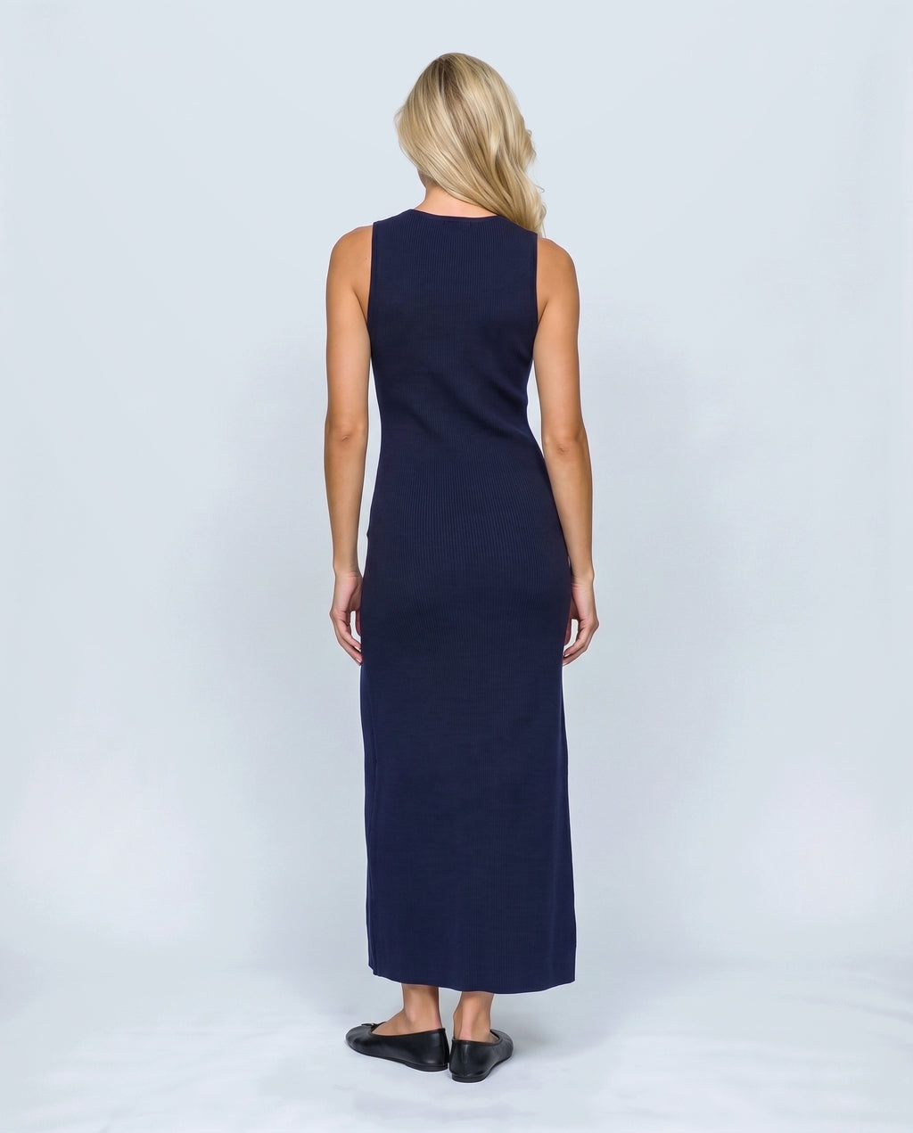 Lucie Button-Front Knit Dress in Navy, back view on a non-pregnant model