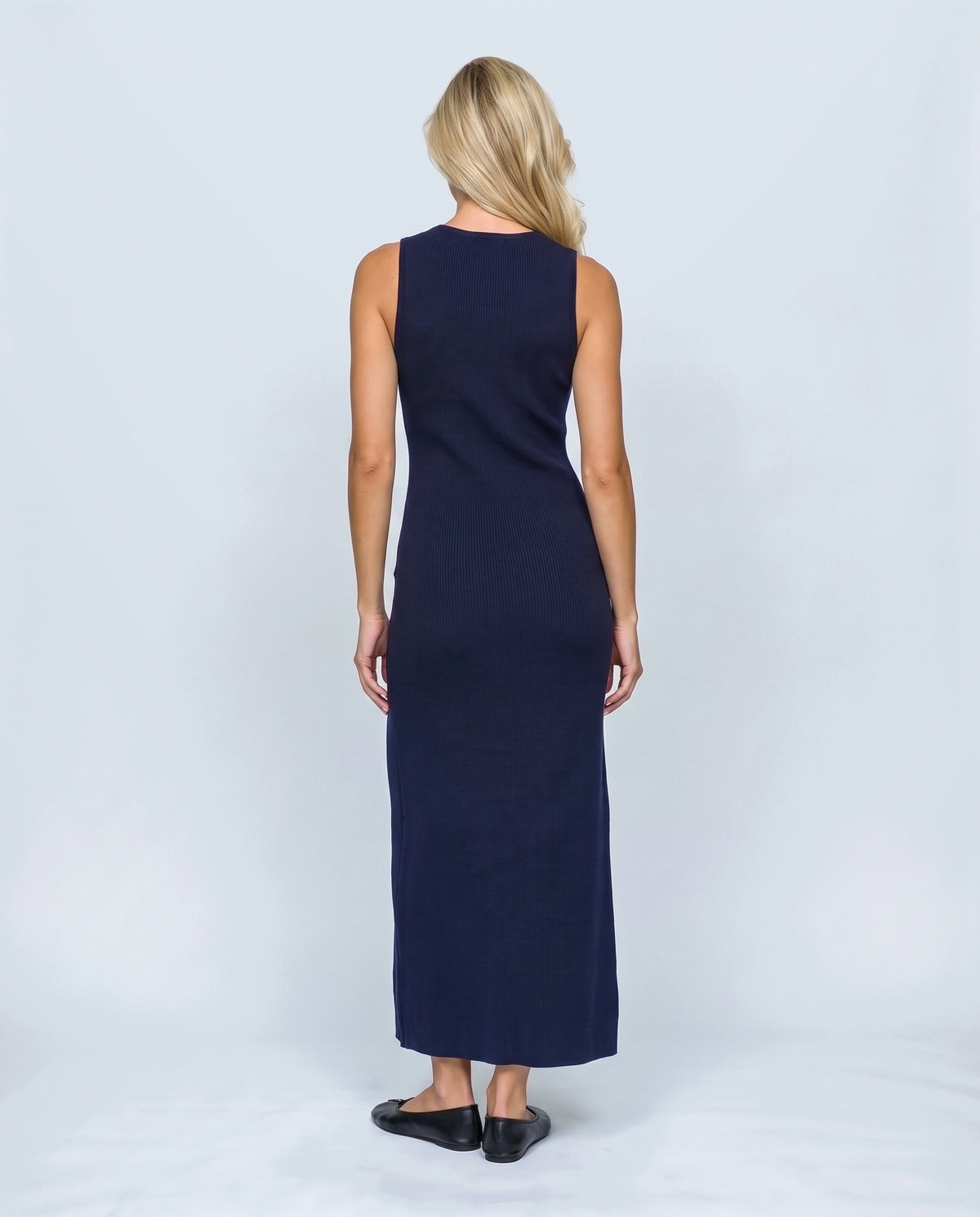 Lucie Button-Front Knit Dress in Navy, back view on a non-pregnant model