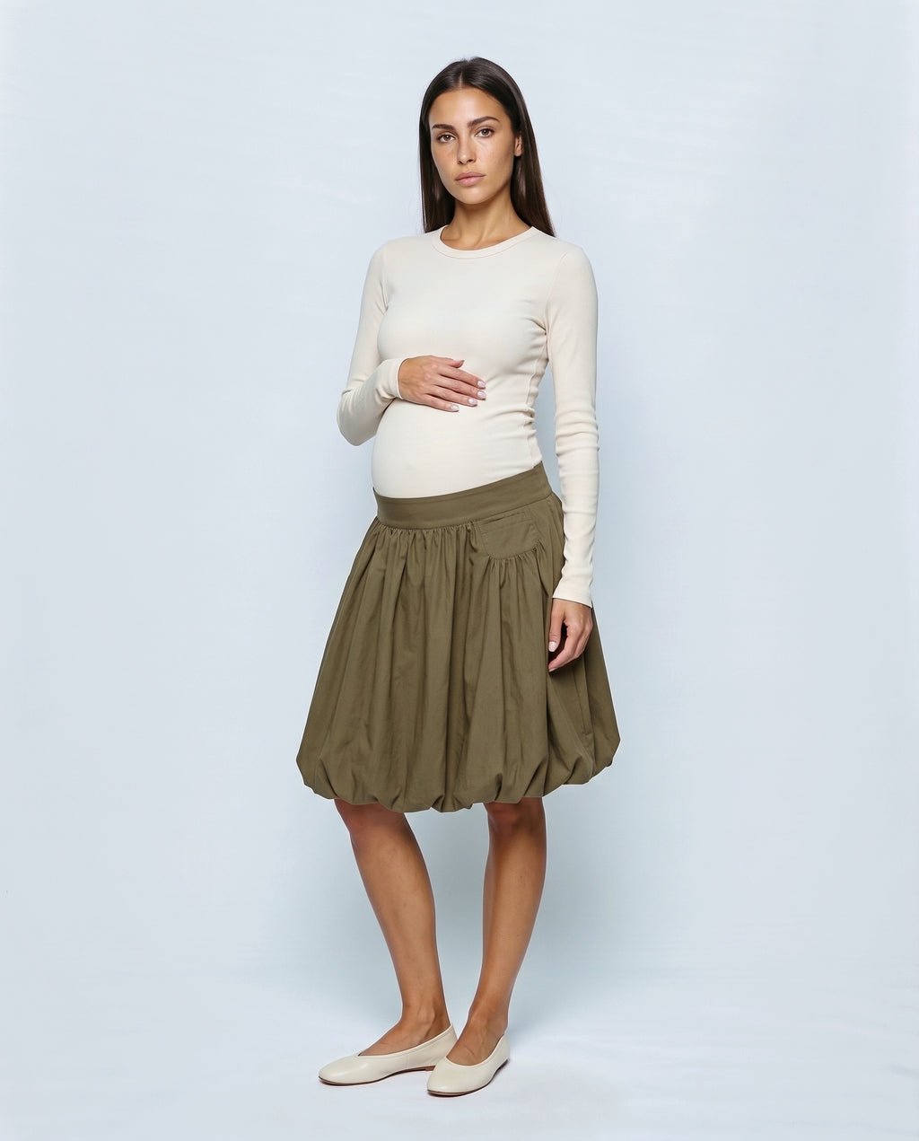 The Sculpted Tulip Skirt in Khaki, front view