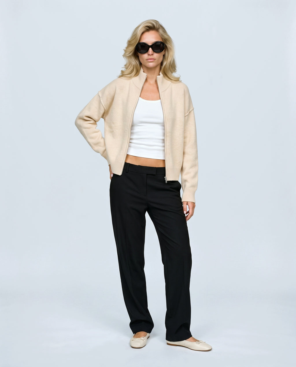 Sasha Double-Zip Knit Cardigan in Apricot, front view on a non-pregnant model