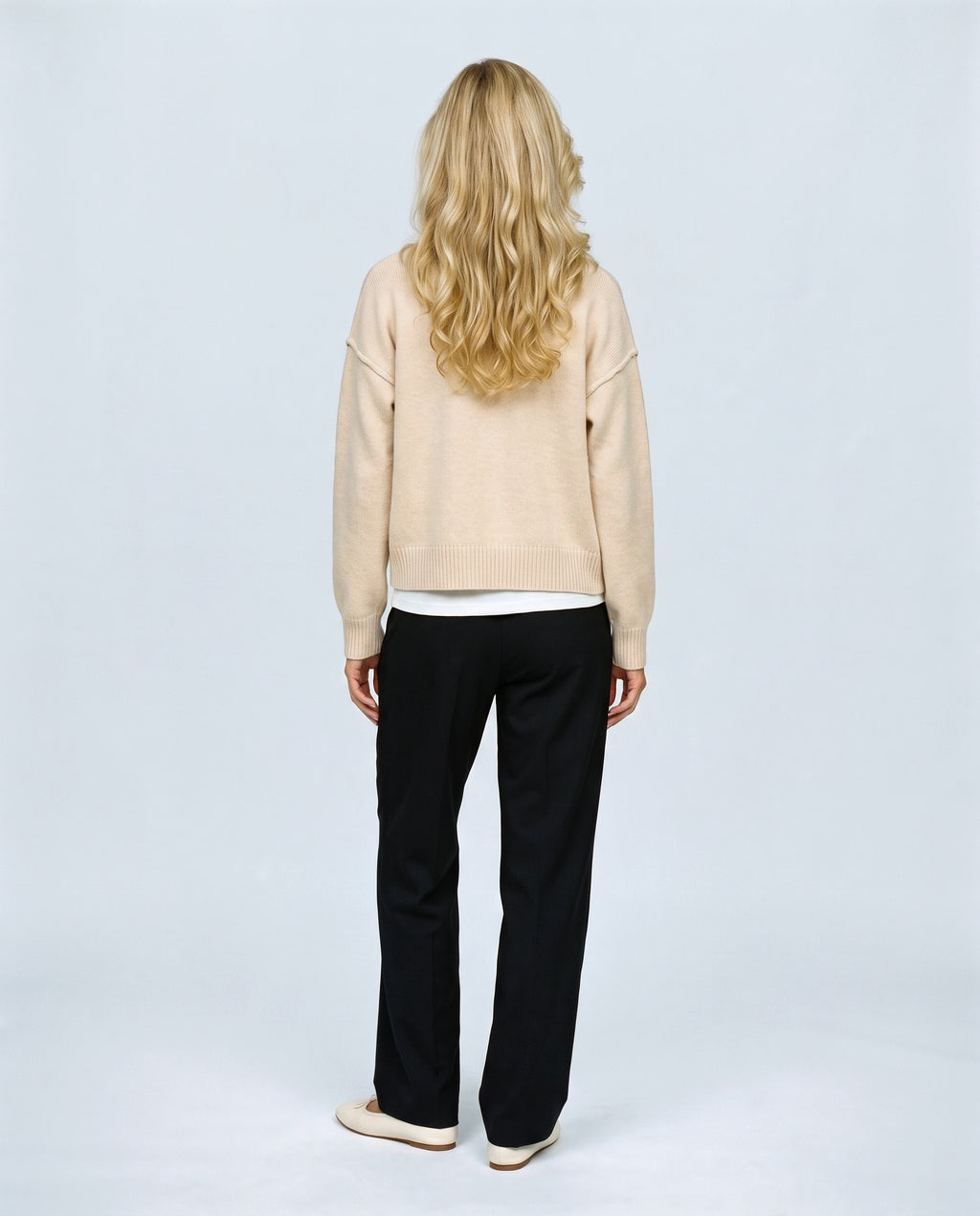 Sasha Double-Zip Knit Cardigan in Apricot, back view on a non-pregnant model