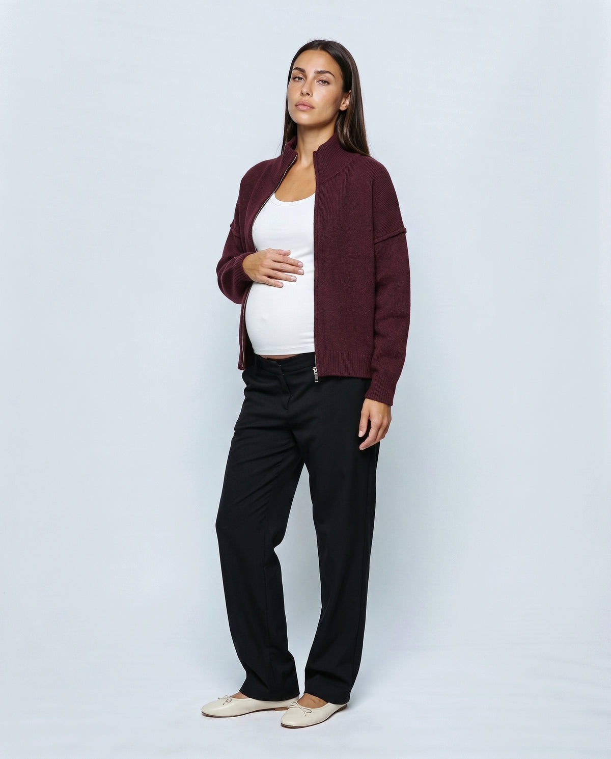 Sasha Double-Zip Knit Cardigan in Dark red, front view