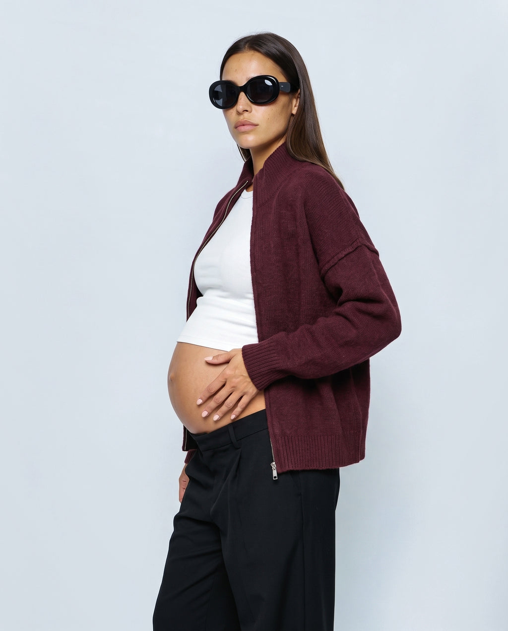 Sasha Double-Zip Knit Cardigan in Dark red, side view