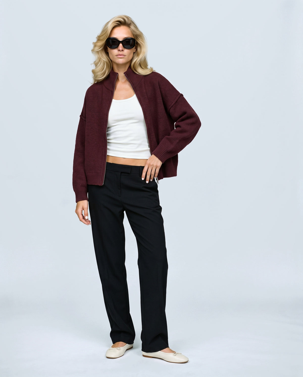 Sasha Double-Zip Knit Cardigan in Dark red, front view on a non-pregnant model