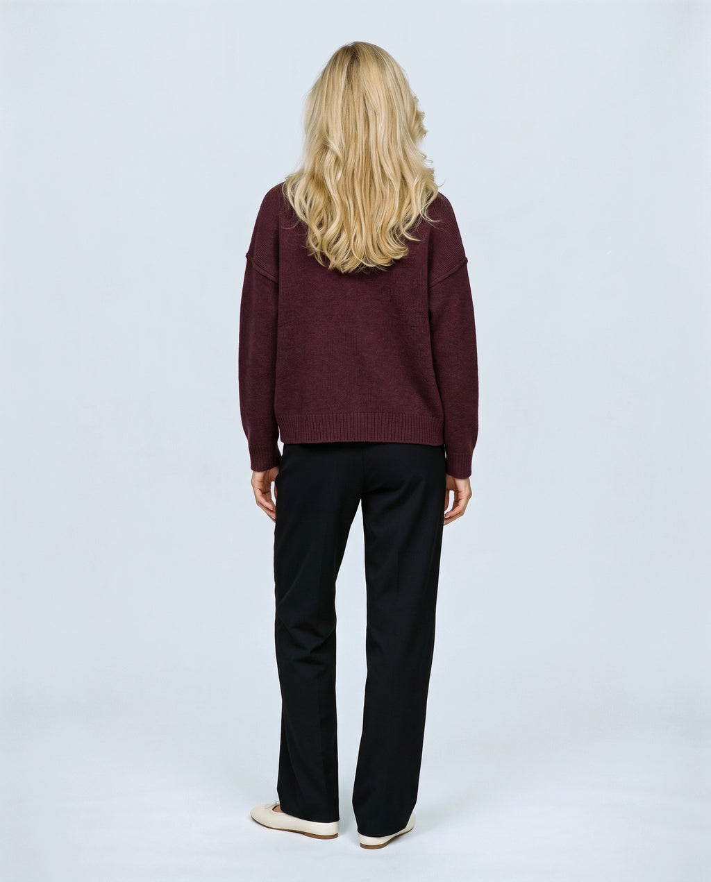 Sasha Double-Zip Knit Cardigan in Dark red, back view on a non-pregnant model