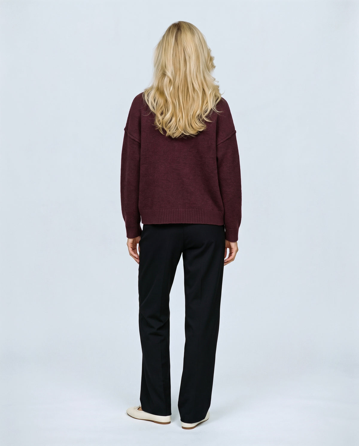 Sasha Double-Zip Knit Cardigan in Dark red, back view on a non-pregnant model