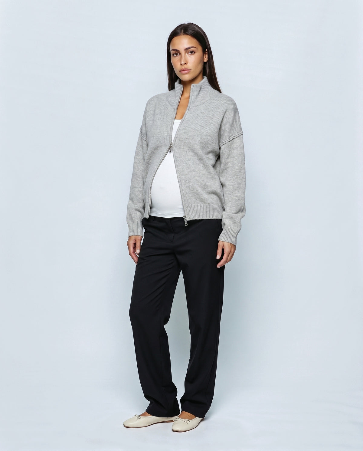 Sasha Double-Zip Knit Cardigan in Light grey, front view