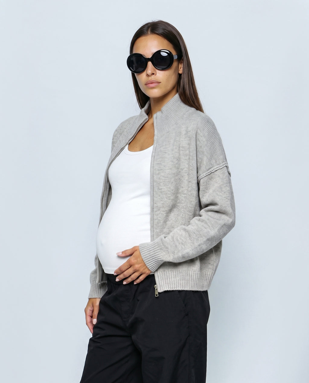 Sasha Double-Zip Knit Cardigan in Light grey, side view