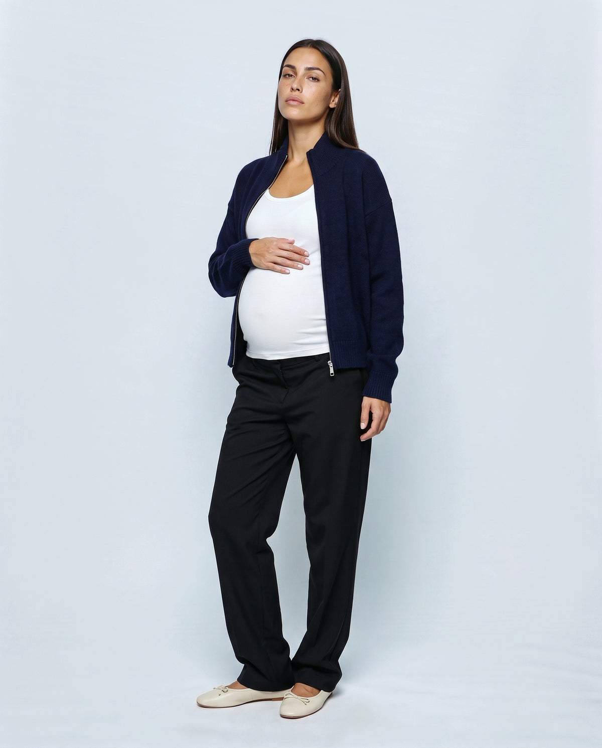 Sasha Double-Zip Knit Cardigan in Navy, front view