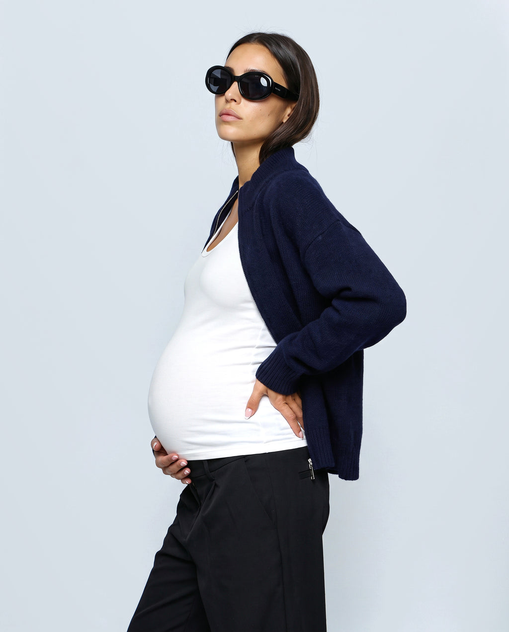 Sasha Double-Zip Knit Cardigan in Navy, side view