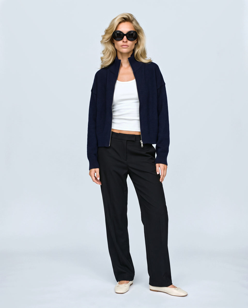 Sasha Double-Zip Knit Cardigan in Navy, front view on a non-pregnant model