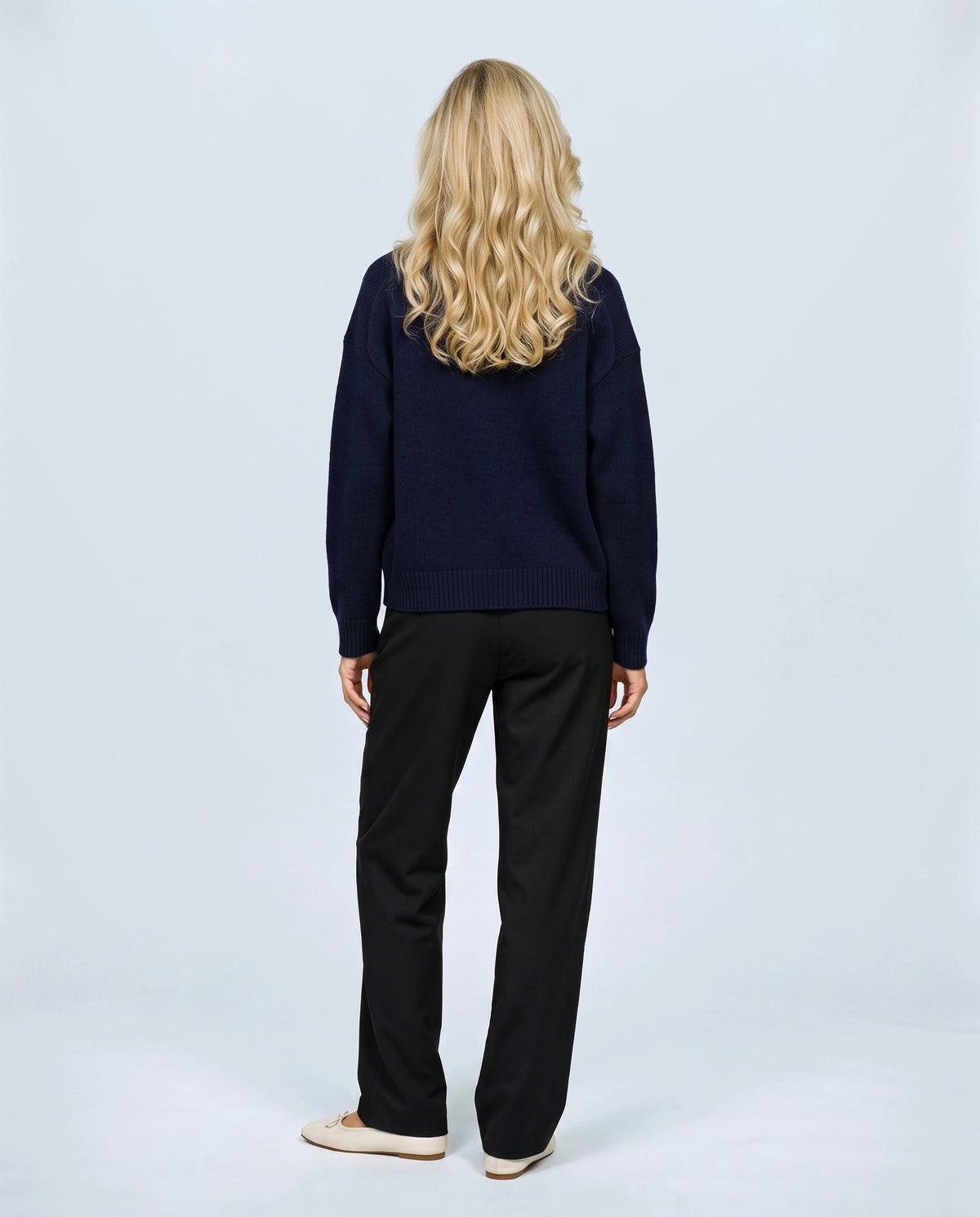 Sasha Double-Zip Knit Cardigan in Navy, back view on a non-pregnant model