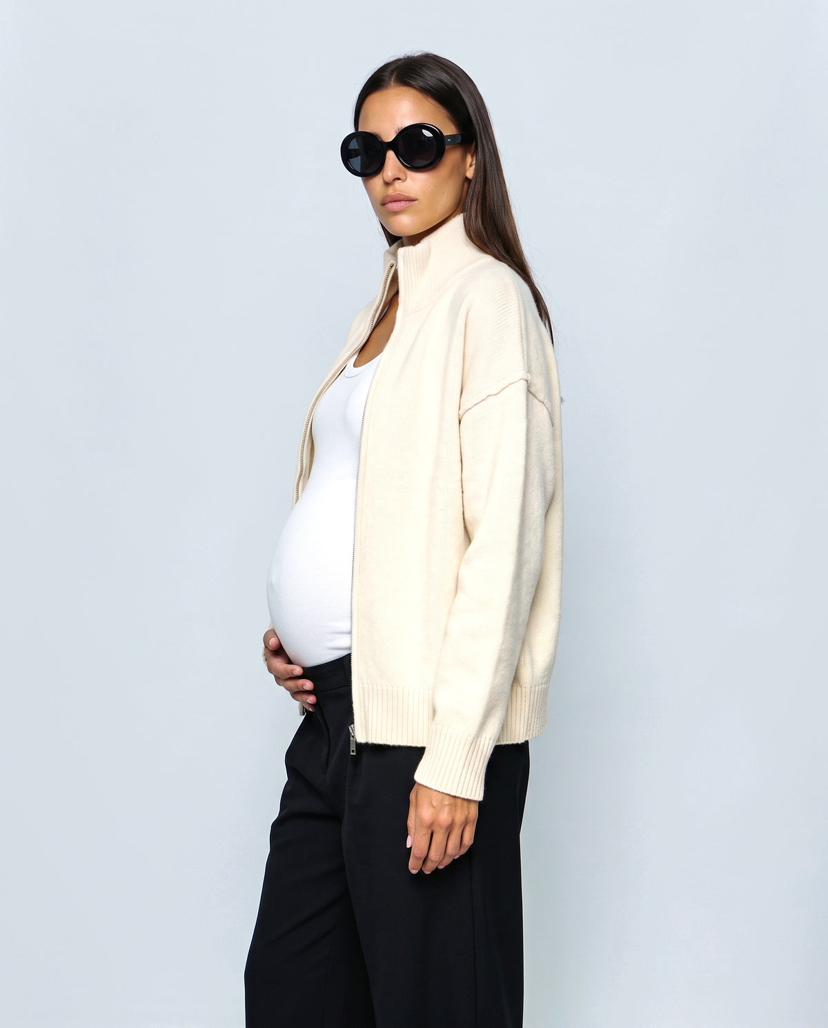 Sasha Double-Zip Knit Cardigan in Off-white, side close-up