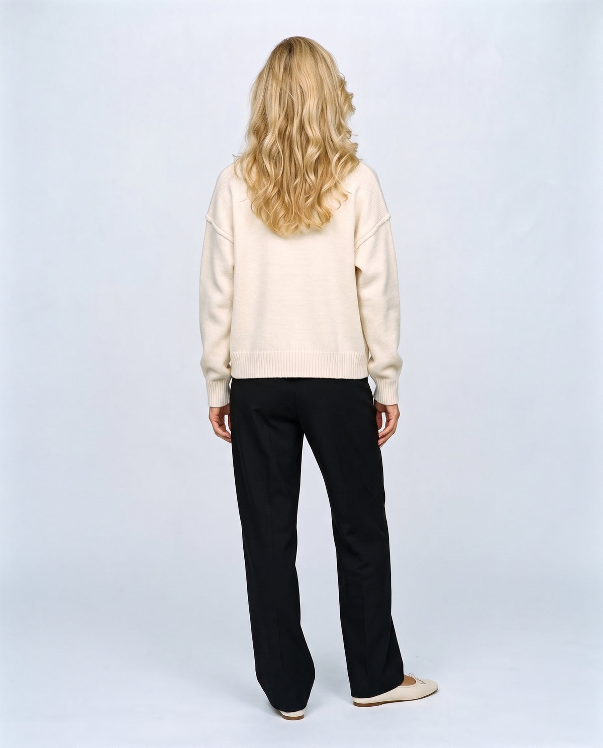Sasha Double-Zip Knit Cardigan in Off-white, back view on a non-pregnant model