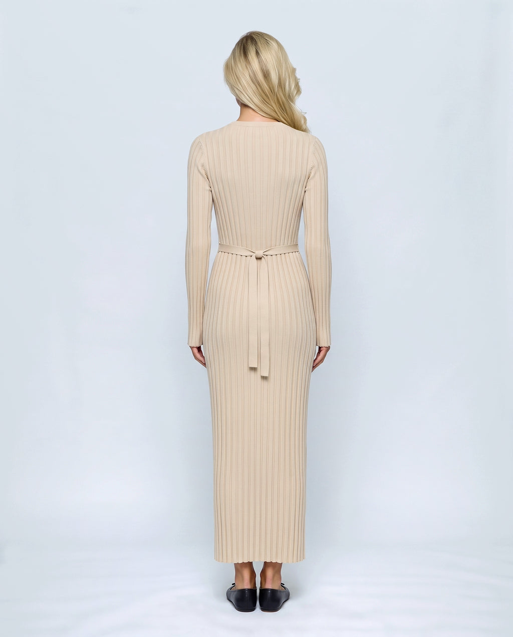 Juliette Lace-Up Knit Maxi Dress in Beige, back view on a non-pregnant model