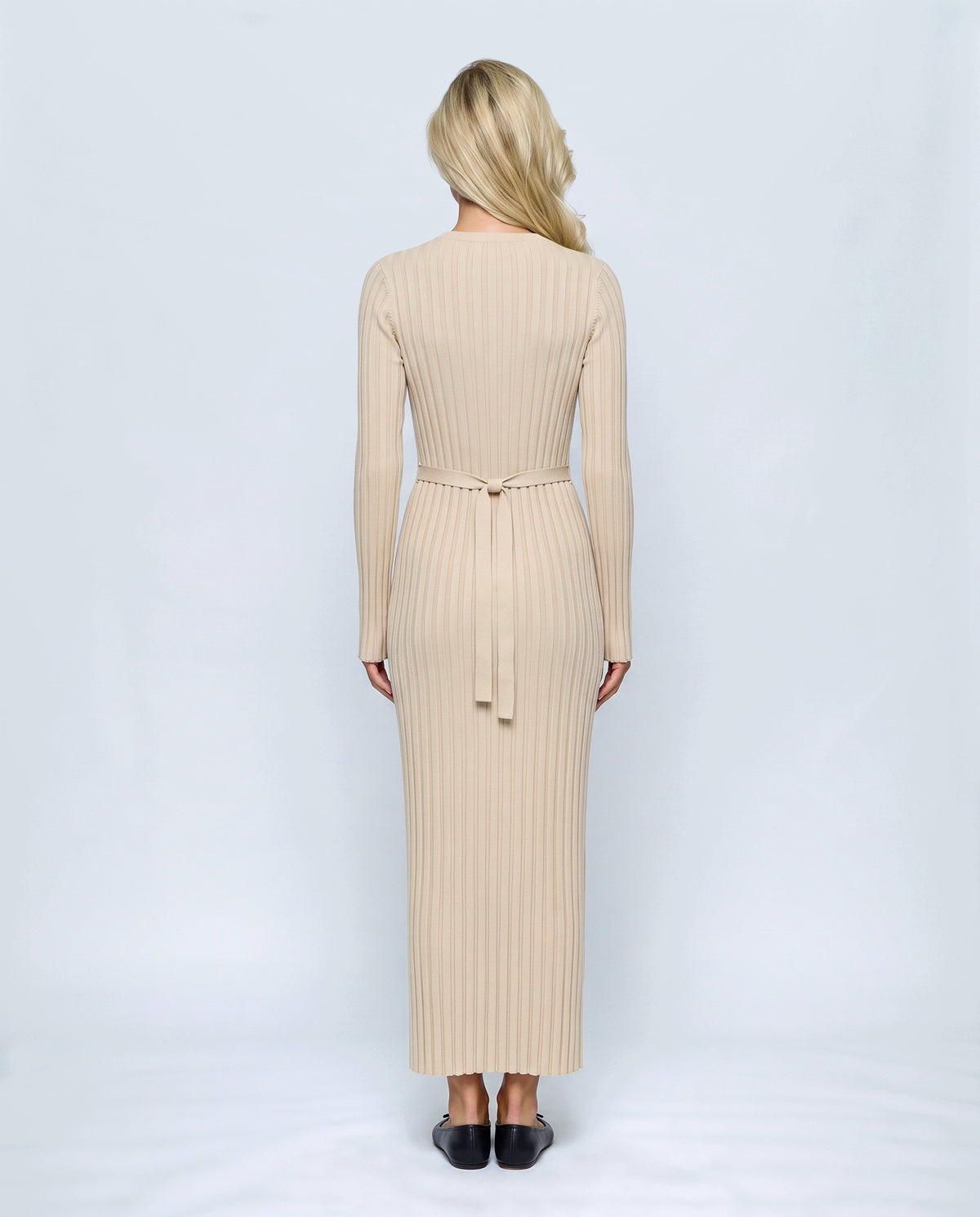 Juliette Lace-Up Knit Maxi Dress in Beige, back view on a non-pregnant model