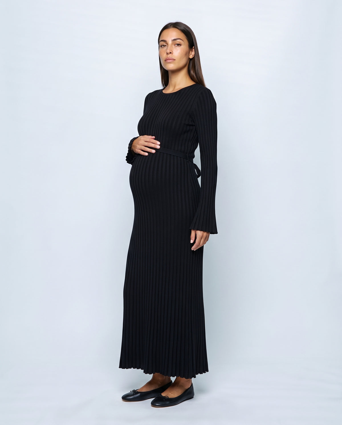Juliette Lace-Up Knit Maxi Dress in Black, front view