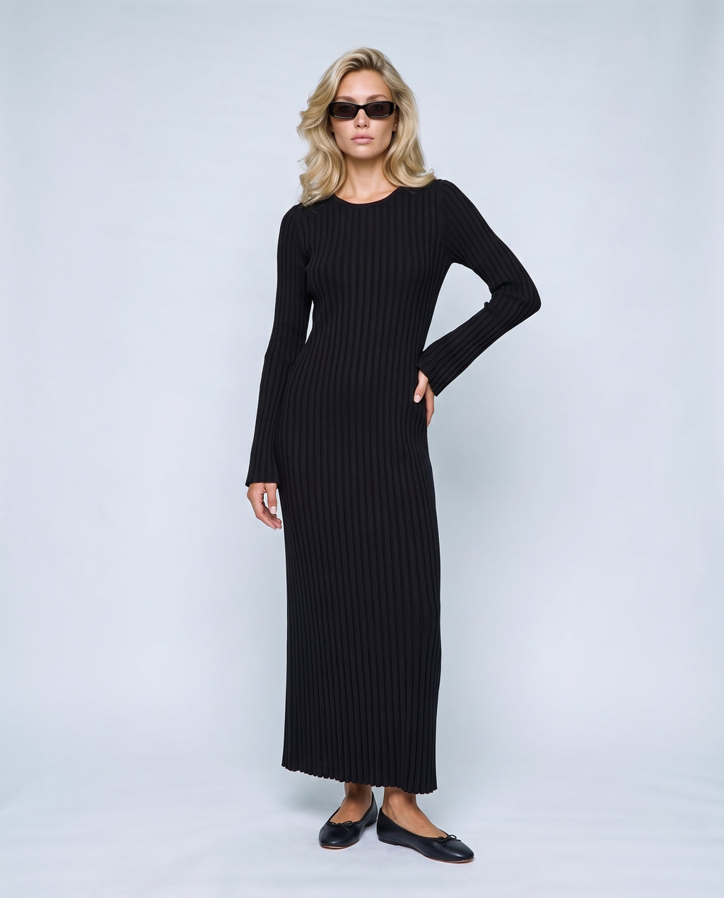Juliette Lace-Up Knit Maxi Dress in Black, front view on a non-pregnant model