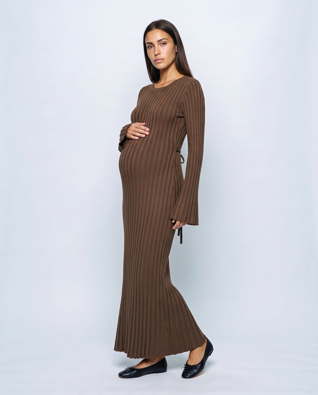 Juliette Lace-Up Knit Maxi Dress in Café, front view