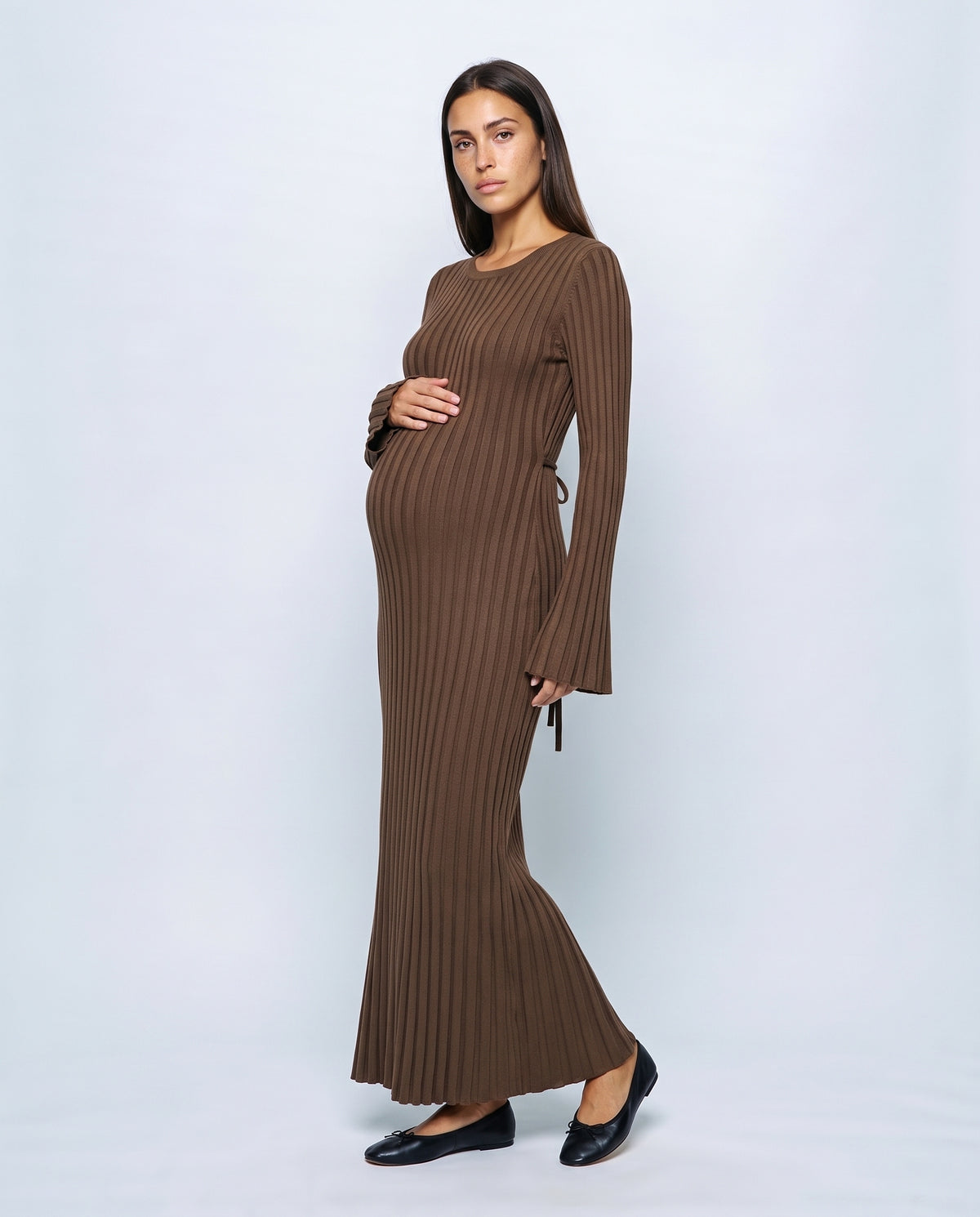 Juliette Lace-Up Knit Maxi Dress in Café, front view